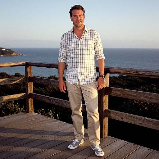 Photograph of a smiling man with short dark hair, wearing a white checkered shirt, beige pants, and gray sneakers, standing on a wooden deck