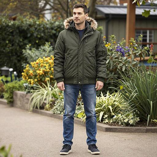 Man in Bomber Winter Coat Standing in Garden
