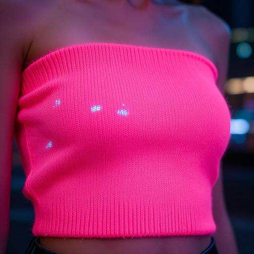 Photograph of a woman wearing a bright neon pink, ribbed, strapless tube top with subtle sparkles, against a dark, blurred background.