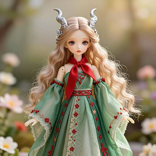 Photograph of a blonde-haired doll with silver horns, wearing a green, off-shoulder dress with red floral embroidery, set against a blurred garden