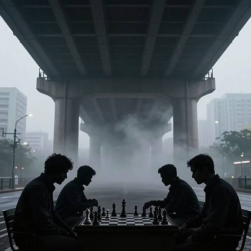 Silhouetted Chess Match Under Overpass