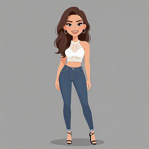 Digital illustration of a smiling woman with long brown hair, wearing a white lace crop top, blue skinny jeans, and black strappy heels, standing against