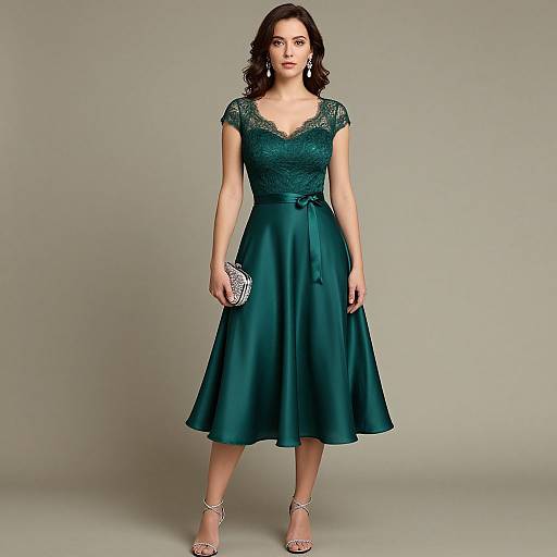 Photograph of a woman with wavy brown hair, wearing a teal lace-trimmed dress with a bow belt, holding a silver clutch, standing