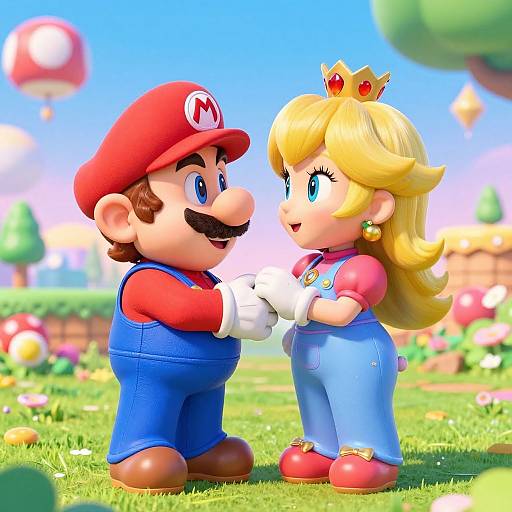 Photorealistic CGI of Mario and Princess Peach in overalls, standing on grassy field, holding hands, with colorful, blurred background.