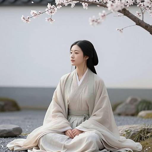 Photograph of an Asian woman in a white traditional kimono, sitting serenely under a cherry blossom tree, with a blurred rocky background.