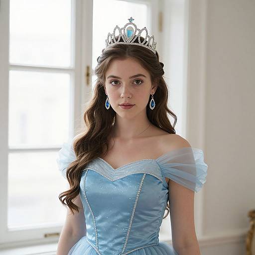 Photograph of a young woman with long brown hair, wearing a silver tiara, blue off-shoulder dress, and blue drop earrings, standing