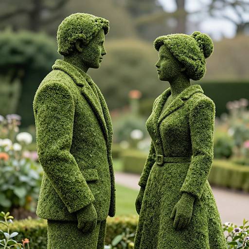 Photograph of two green topiary statues, shaped like a man and woman in 1950s-style coats, standing in a blurred garden.