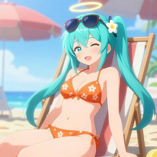 Anime-style digital drawing of a cute, blue-haired girl in an orange floral bikini, winking, with sunglasses on her head, sitting on a beach