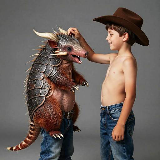 Boy and Armadillo Creature Playing