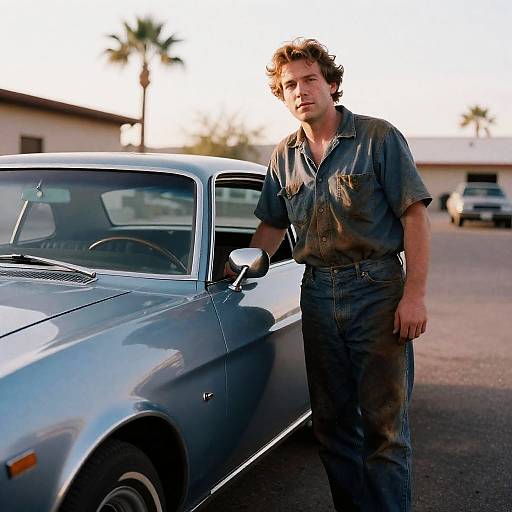 Grease-Stained Mechanic with Vintage Muscle Car
