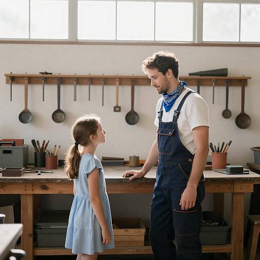 Man and Girl Talking in Workshop