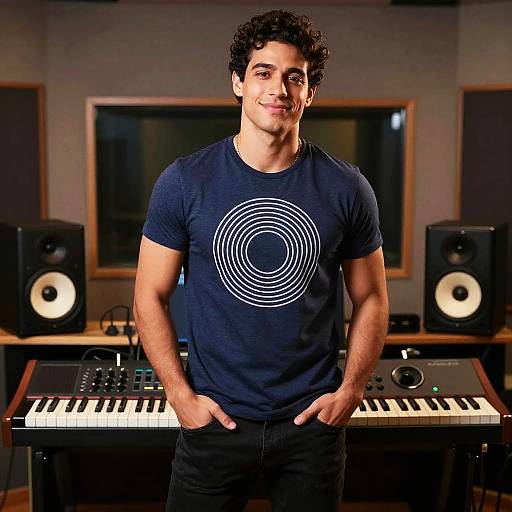 Photograph of a muscular, curly-haired man in a navy T-shirt with a white circular design, standing in a music studio in front of a keyboard