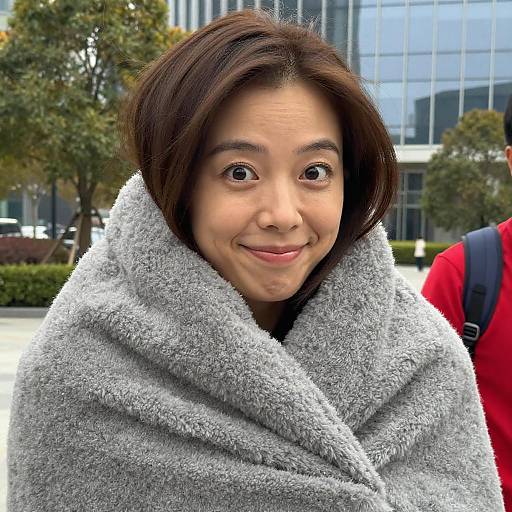 Playful Asian Woman Wrapped in Blanket