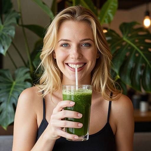 Blonde woman with blue eyes, smiling, holding a green smoothie with a straw, wearing a black tank top, surrounded by large green plants.
