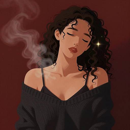 Curly Haired Woman in Sweater with Steam