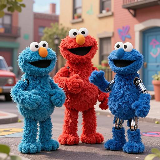 Sesame Street Robots in Urban Scene