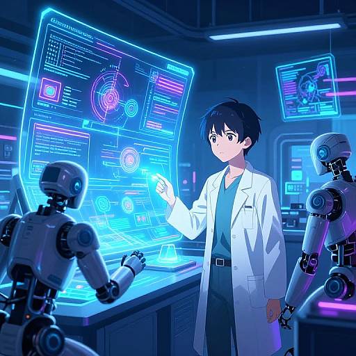 Anime-style digital drawing: Young male scientist in white lab coat interacts with glowing blue holographic screens and three robotic assistants.