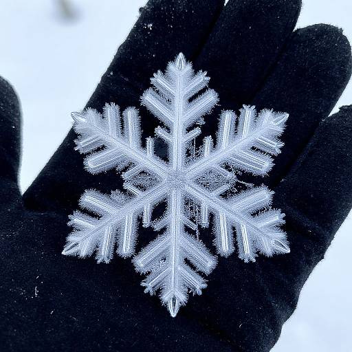 Photograph of a glowing, intricately detailed white snowflake resting on a black gloved hand against a snowy white background.