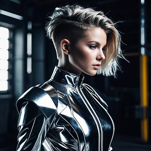 Female Model with Undercut Hairstyle in Futuristic Metallic Suit