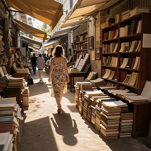 Photograph of a sunlit, narrow bookstore aisle with a woman in a floral dress walking away, surrounded by stacked books and wooden shelves on both sides
