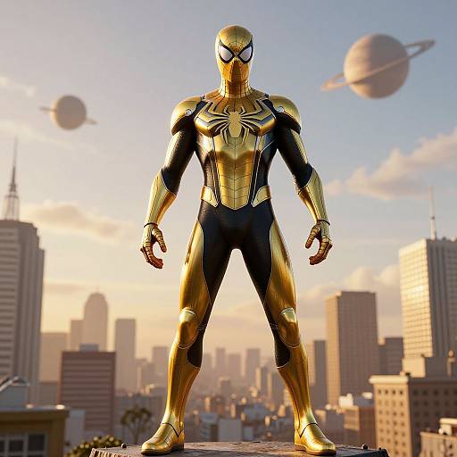 CGI image of a muscular, gold and black Spider-Man suit standing on a rooftop, with a city skyline and planets in the background at sunset.