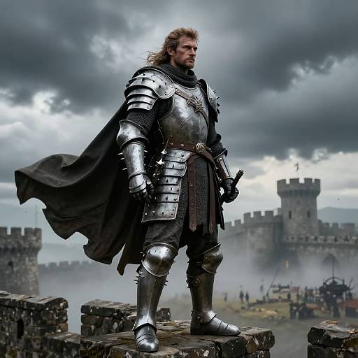 Photorealistic CGI: Muscular, long-haired knight in shiny silver armor and black cape stands on castle ruins under stormy sky, with medieval fortress