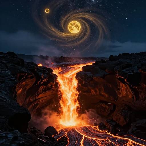 Molten Lava Flow Under Starry Sky