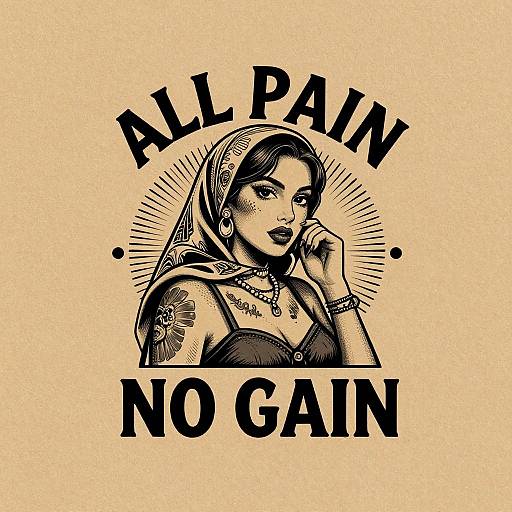 Black-and-white illustration of a woman with a headscarf, tattoos, and necklace, with 