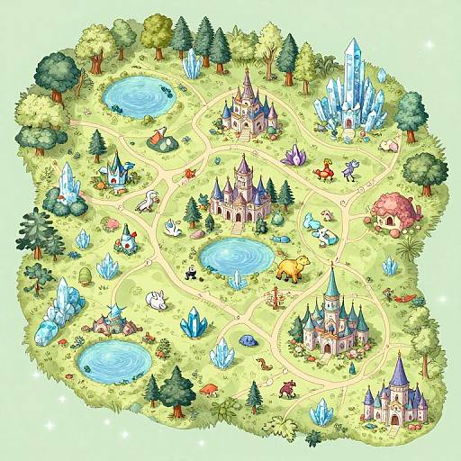 Colorful fantasy map of a magical kingdom with crystal caves, multiple castles, winding paths, lakes, trees, and whimsical creatures.