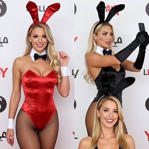 Photograph of a blonde woman with long hair, wearing red and black bunny suits, fishnet stockings, and black gloves, smiling against a white LA