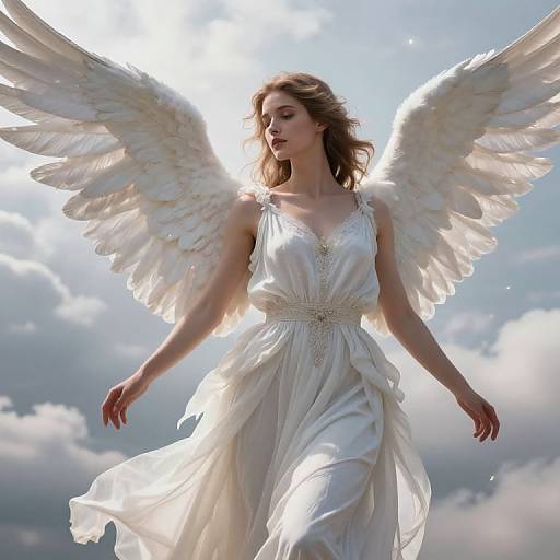 Photograph of a serene angelic woman with large white wings, wearing a flowing white dress, standing against a bright, cloudy sky.