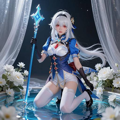White-Haired Anime Girl with Staff
