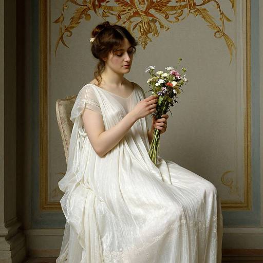 Photograph of a young woman with pale skin, dark brown hair in an updo, wearing a white, flowing, classical gown, holding a small