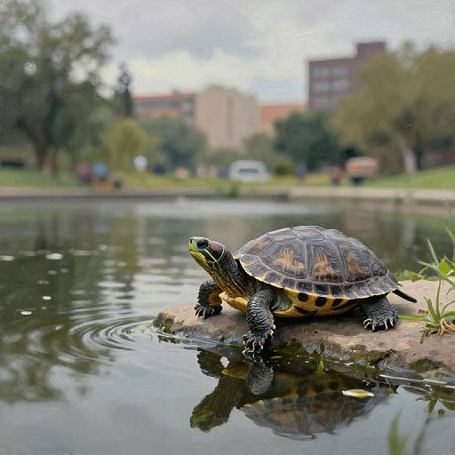 Photograph of a turtle with yellow and brown shell, black and yellow striped legs, and green-tinted head, standing on a rock in a