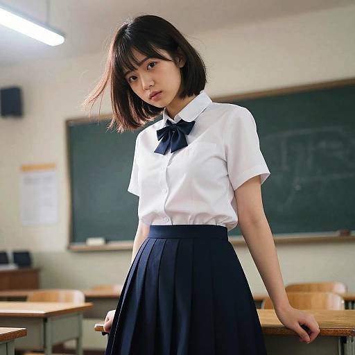 Photograph of an Asian teenage girl with short black hair, wearing a white blouse and navy skirt, standing in a brightly lit classroom with a chalkboard