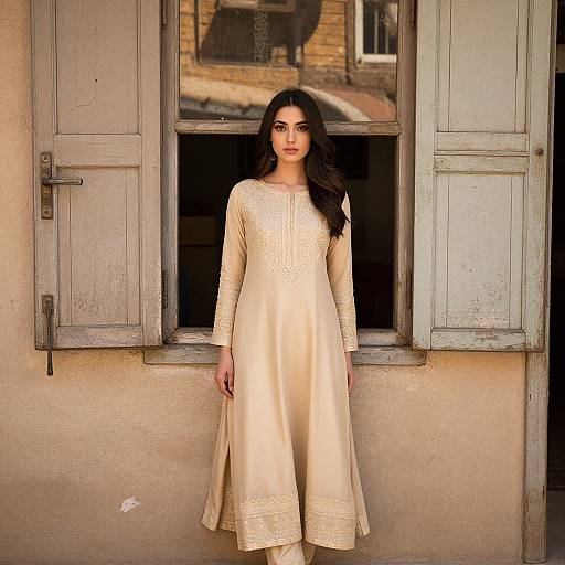 Photograph of a beautiful woman with long dark hair, wearing a cream-colored, long-sleeved, lace-trimmed dress, standing in front