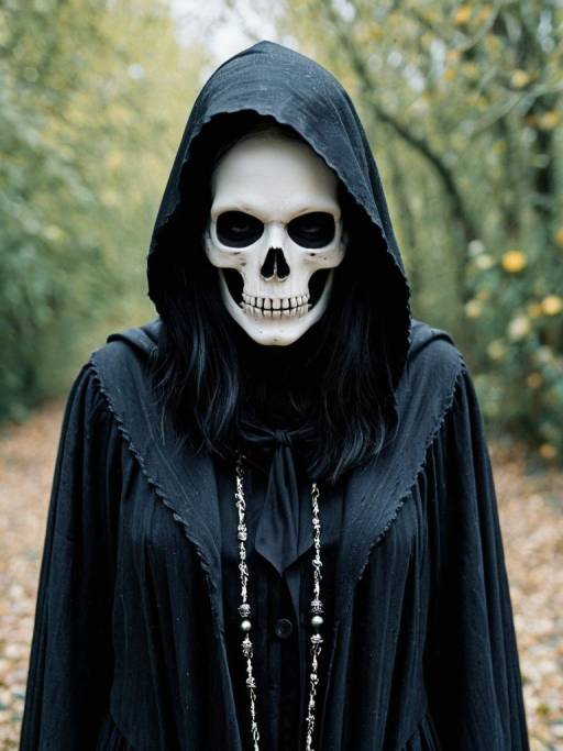 Woman in Soulless Reaper Costume with Skull Mask