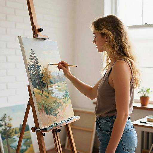 Blonde Woman Painting in Bright Studio