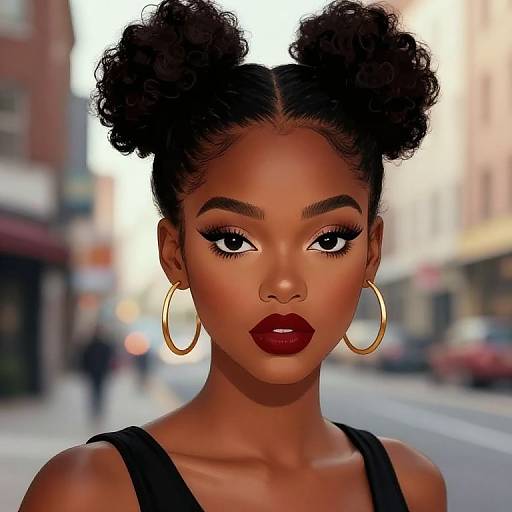 Digital artwork of a stunning, dark-skinned woman with two curly buns, large hoop earrings, and deep red lipstick, standing on a blurred city