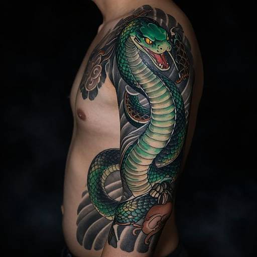 Photograph of a shirtless man with a vibrant, detailed green and blue snake tattoo coiling around his right shoulder and chest.