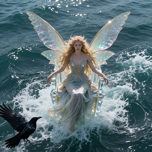 Photorealistic digital art: Ethereal fairy with long blonde hair, iridescent wings, and flowing silver dress sits on glass throne in turbulent blue