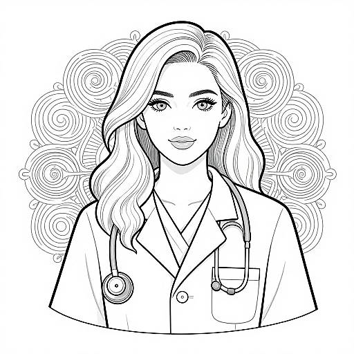 Black and white line drawing of a smiling woman with long wavy hair, wearing a doctor's coat and stethoscope, set against swirling pattern background