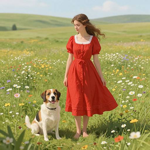 Photograph of a young woman in a red dress with white lace collar, standing in a vibrant meadow of wildflowers, beside a brown and white