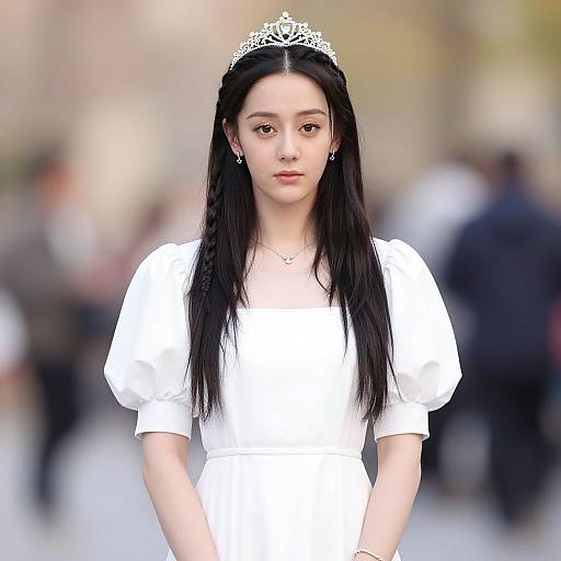 Photograph of a young Asian woman with long black hair, wearing a white dress, silver tiara, and earrings, standing in a blurred, outdoor