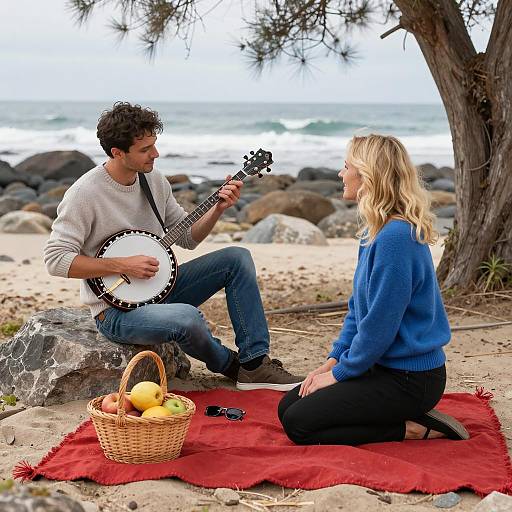 Couple at Beach Picnic with Banjo
