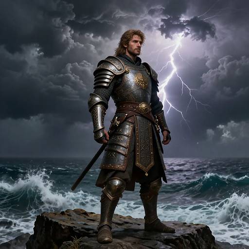 Photorealistic digital artwork of a muscular, bearded warrior in gleaming, ornate armor standing on a rocky cliff during a stormy sea,