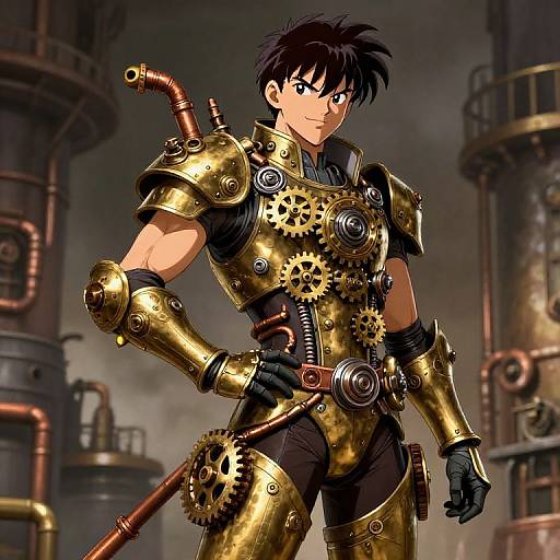 Digital anime-style artwork of a muscular man in golden steampunk armor with gears and copper pipes, standing in a smoky industrial background.