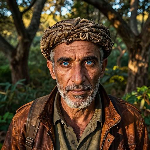 Photograph of an elderly man with blue eyes, gray beard, and intricately braided headband, wearing a brown leather jacket, standing in a