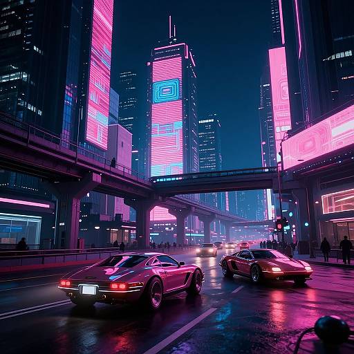 Neon-lit, futuristic cityscape at night with glowing pink and blue billboards, wet street reflecting lights, and sleek red sports cars driving.