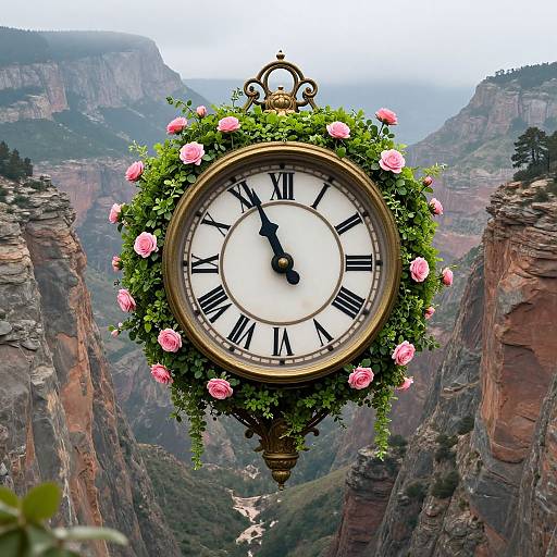 Vintage-style clock with pink roses and black Roman numerals, hanging over a dramatic, misty mountain canyon landscape. Photograph.